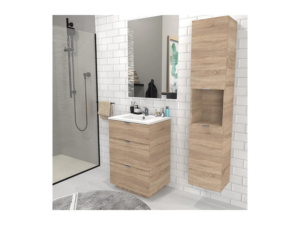 Meuble sous vasque MARBELLA 60 cm + vasque + miroir + colonne / Décor Chêne blanchi