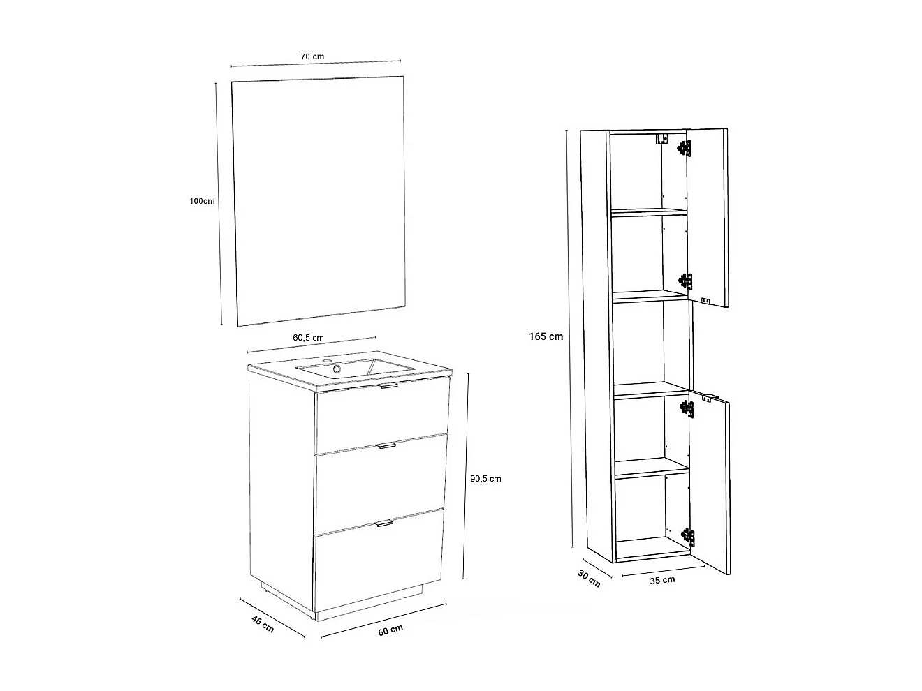 Meuble sous vasque MARBELLA 60 cm + vasque + miroir + colonne / Décor Chêne blanchi