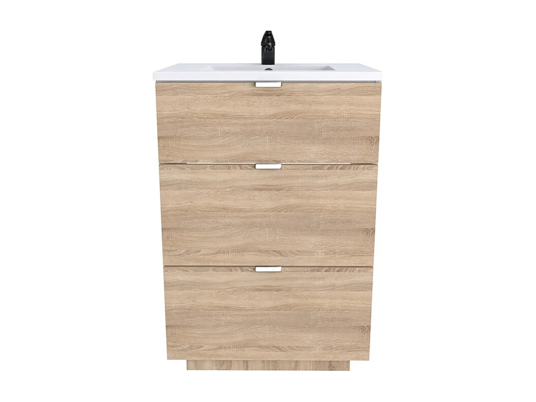 Meuble sous vasque MARBELLA 60 cm + vasque + miroir + colonne / Décor Chêne blanchi