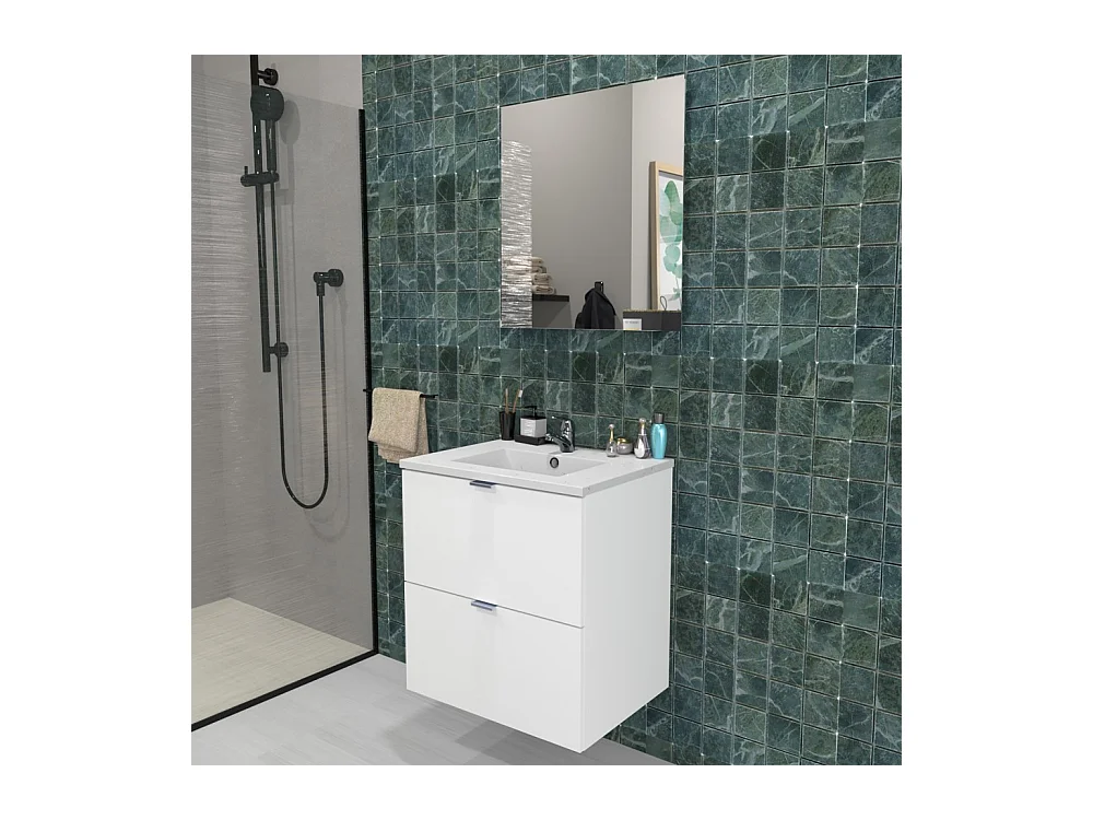 Meuble sous-vasque 2 tiroirs MALAGA 60 cm + vasque + miroir / Blanc