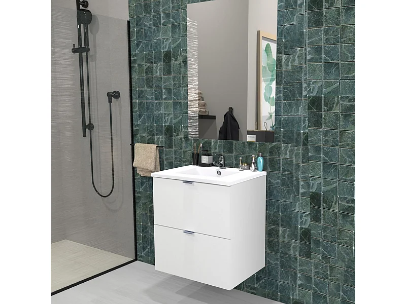 Meuble sous-vasque 2 tiroirs MALAGA 60 cm + vasque + miroir / Blanc