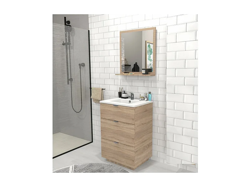 Meuble sous-vasque 3 tiroirs MARBELLA 60 cm + vasque / Décor Chêne blanchi