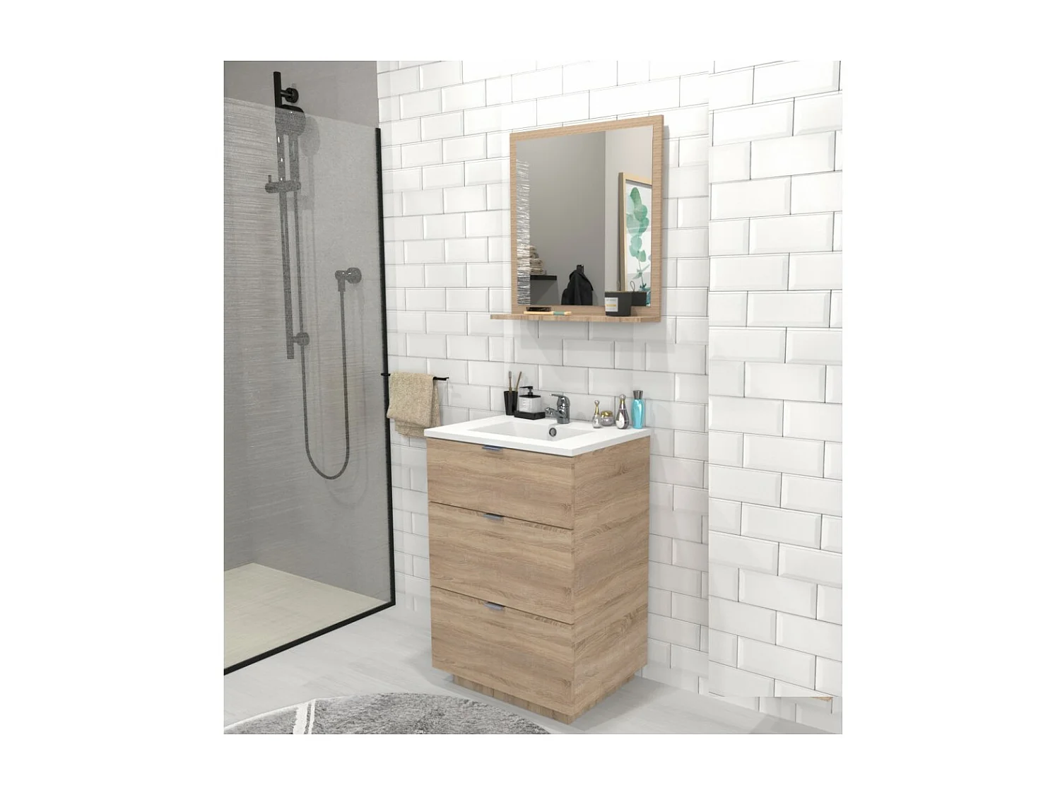 Meuble sous-vasque 3 tiroirs MARBELLA 60 cm + vasque / Décor Chêne blanchi