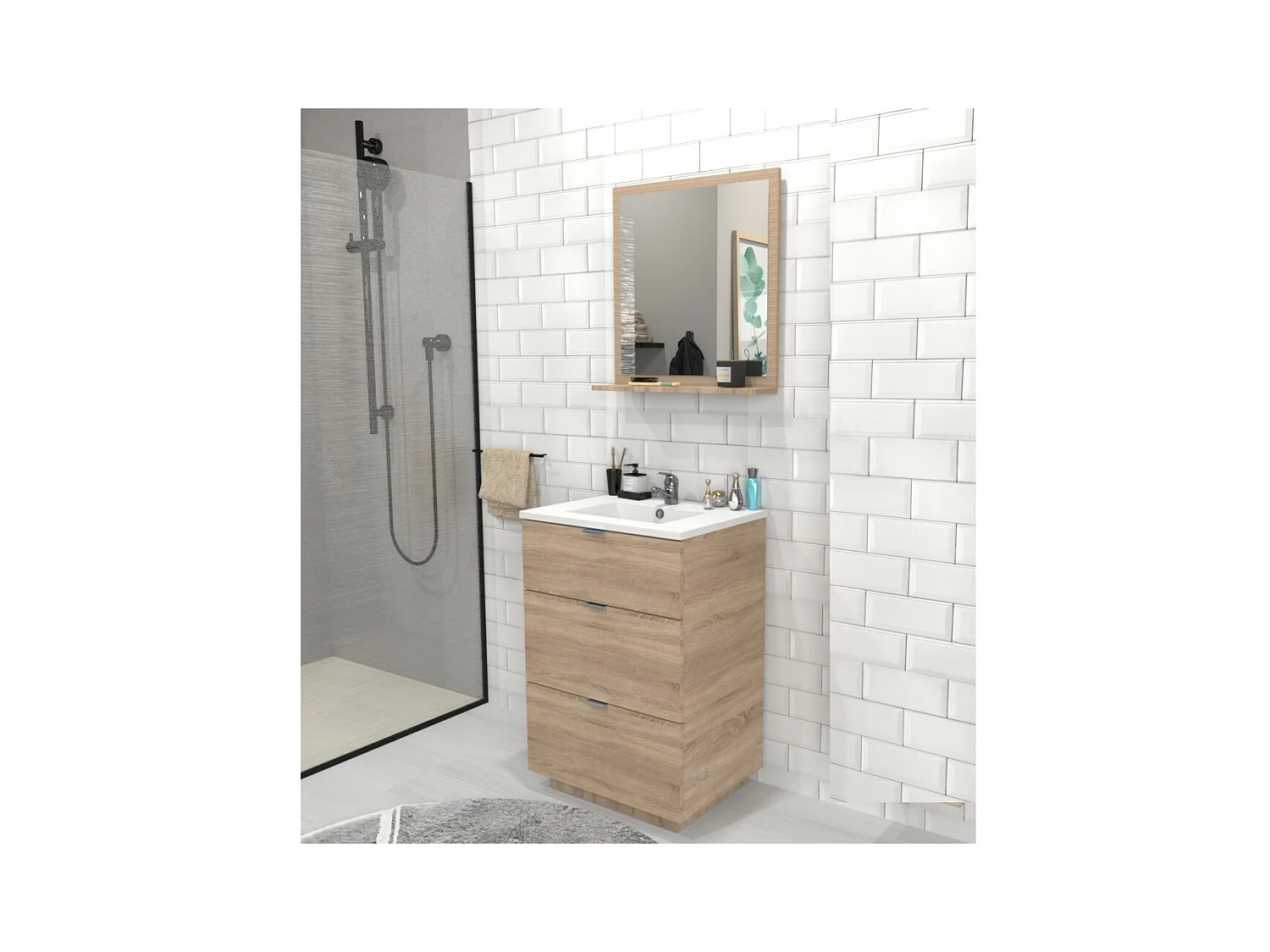 Meuble sous-vasque 3 tiroirs MARBELLA 60 cm + vasque / Décor Chêne blanchi