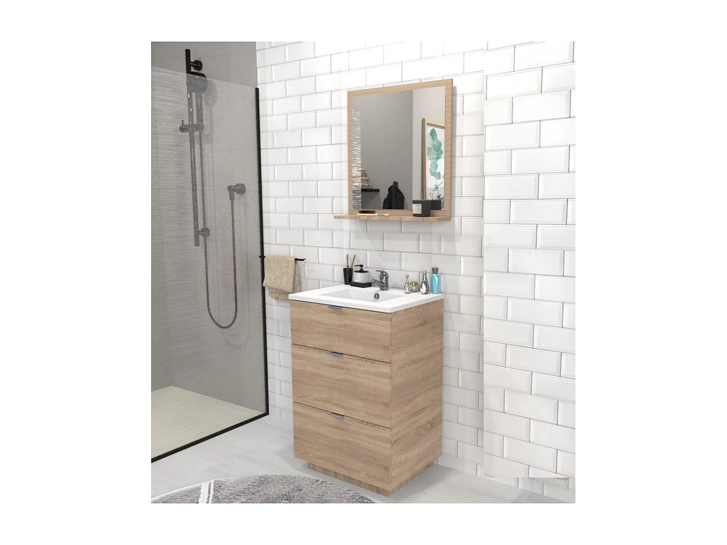 Meuble sous-vasque 3 tiroirs MARBELLA 60 cm + vasque / Décor Chêne blanchi