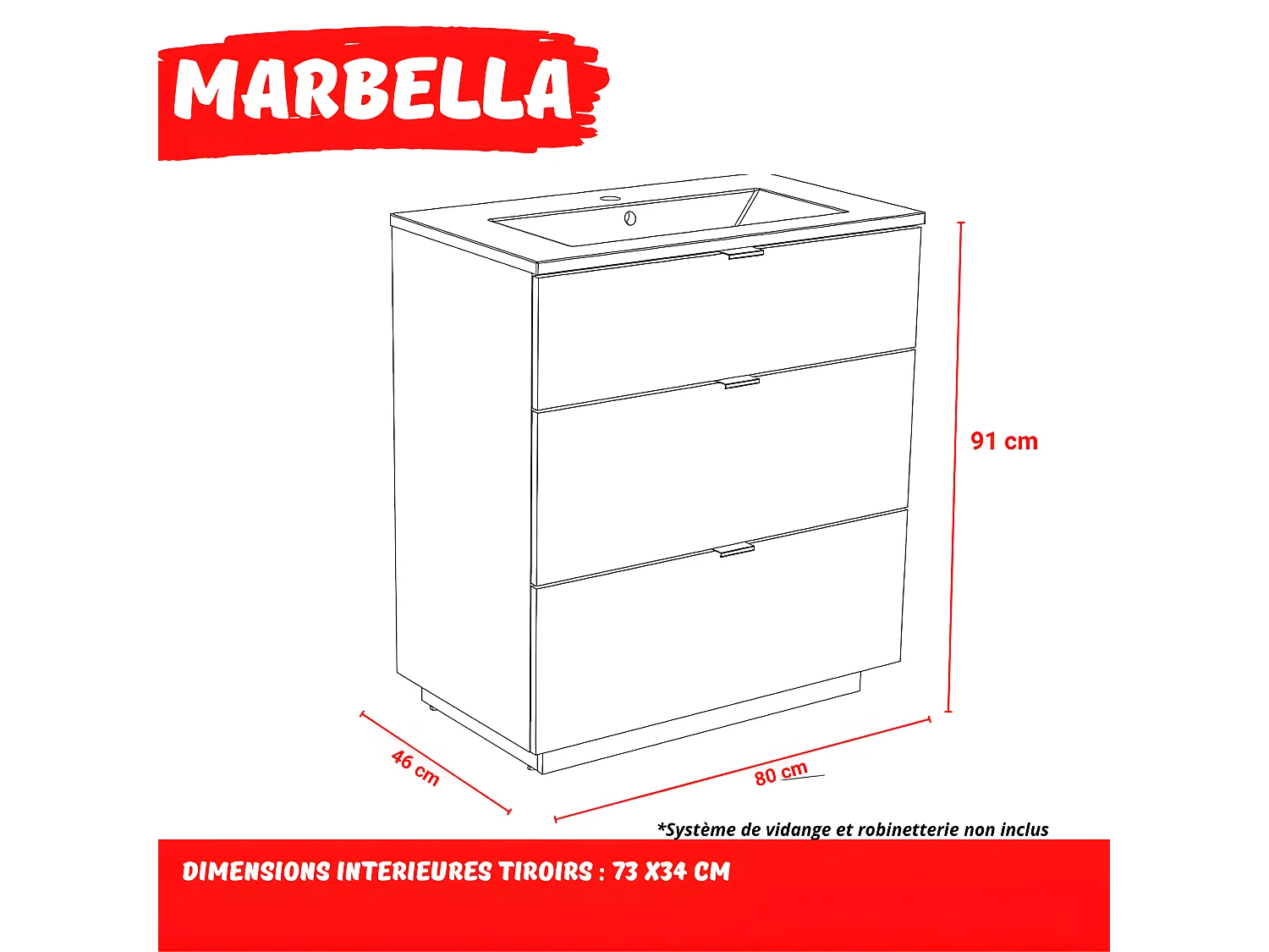 Meuble sous-vasque 3 tiroirs MARBELLA 80 cm + vasque / Blanc