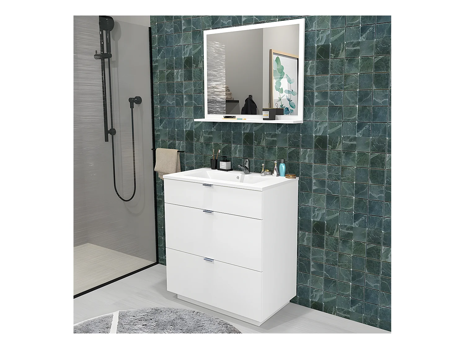 Meuble sous-vasque 3 tiroirs MARBELLA 80 cm + vasque / Blanc