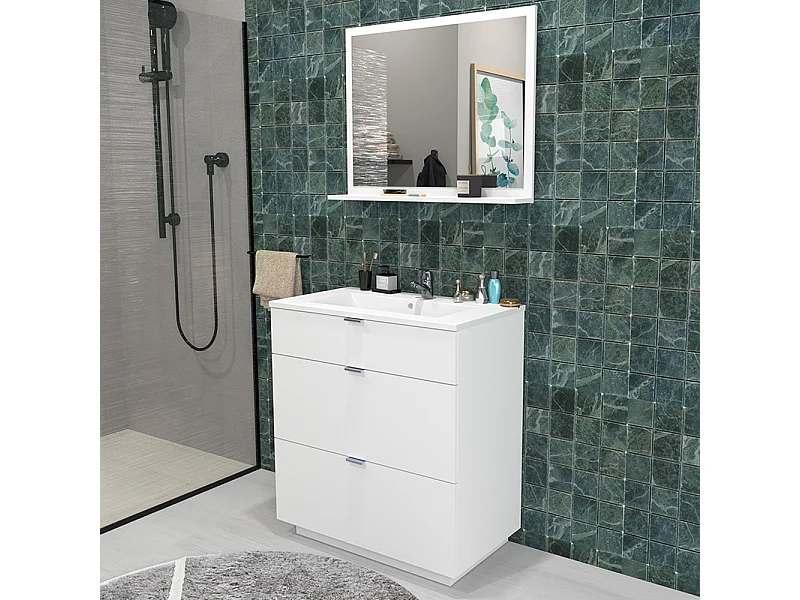 Meuble sous-vasque 3 tiroirs MARBELLA 80 cm + vasque / Blanc