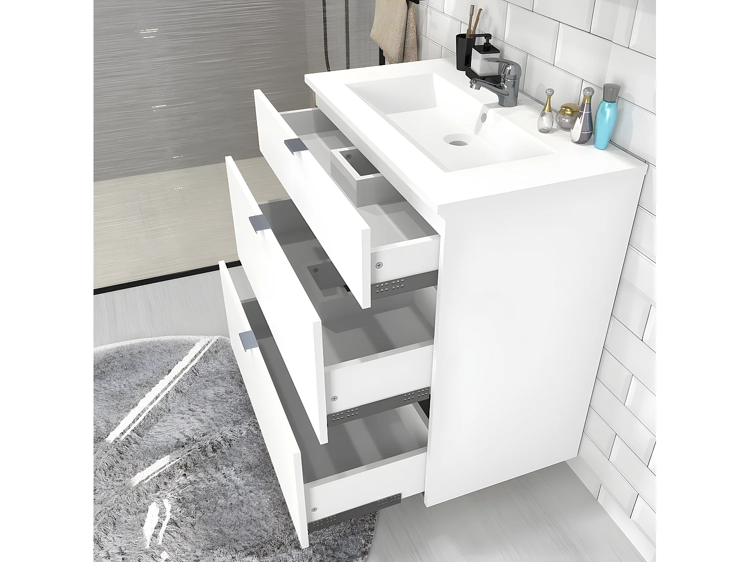 Meuble sous-vasque 3 tiroirs MARBELLA 60 cm + vasque / Blanc