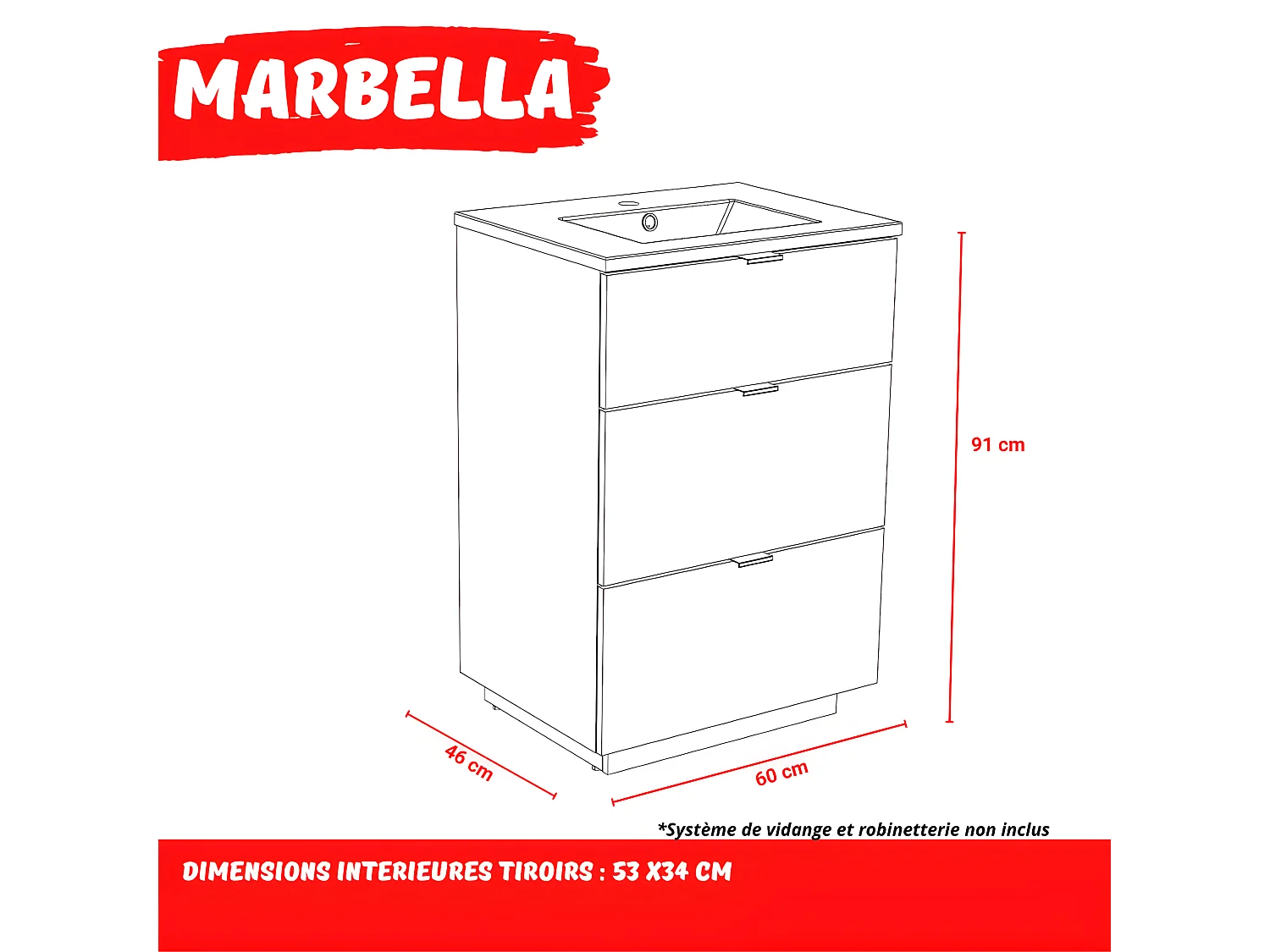 Meuble sous-vasque 3 tiroirs MARBELLA 60 cm + vasque / Blanc