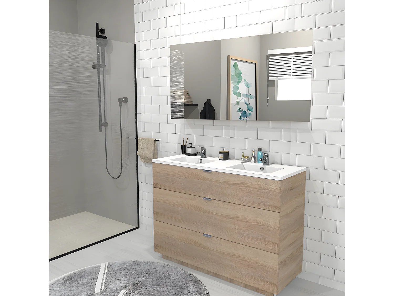 Meuble sous-vasque 3 tiroirs MARBELLA 120 cm + vasque / Décor Chêne blanchi