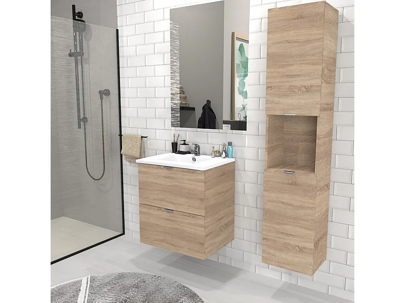 Meuble sous vasque MALAGA 60 cm + vasque + miroir + colonne / Décor Chêne blanchi
