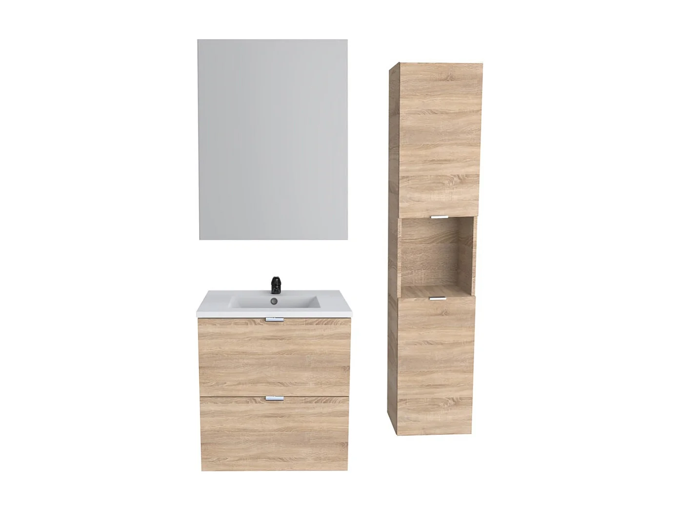 Meuble sous vasque MALAGA 60 cm + vasque + miroir + colonne / Décor Chêne blanchi