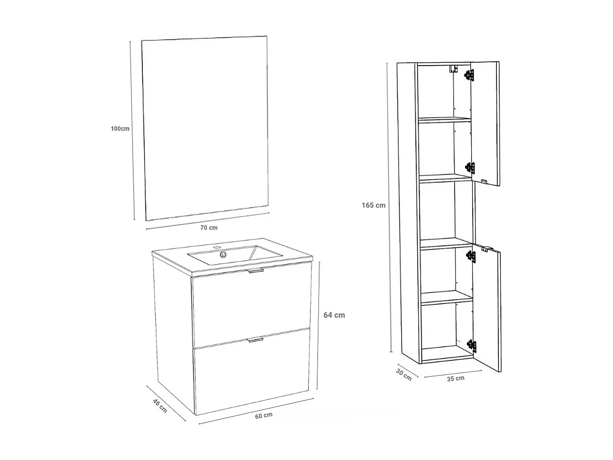 Meuble sous vasque MALAGA 60 cm + vasque + miroir + colonne / Décor Chêne blanchi