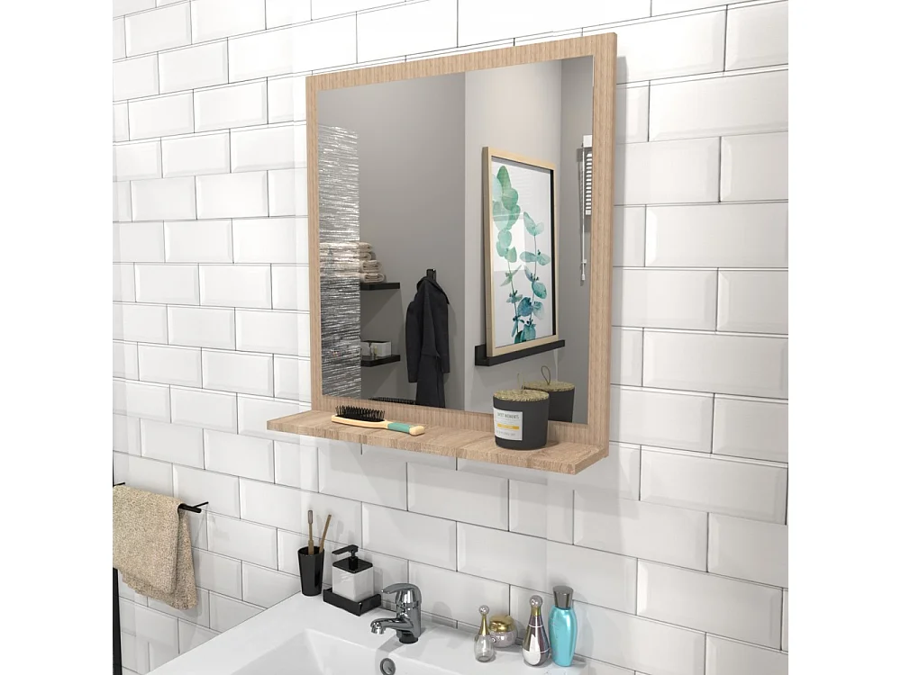 Meuble sous vasque MALAGA 60 cm + vasque + miroir + colonne / Décor Chêne blanchi