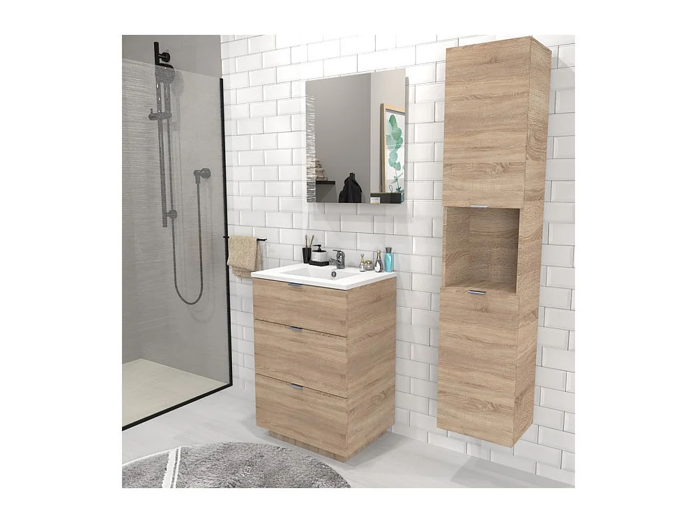 Meuble sous vasque MALAGA 60 cm + vasque + miroir + colonne / Décor Chêne blanchi