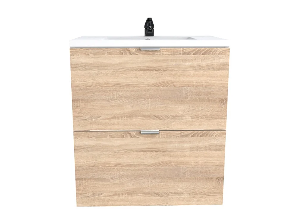 Meuble sous vasque MALAGA 60 cm + vasque + miroir + colonne / Décor Chêne blanchi