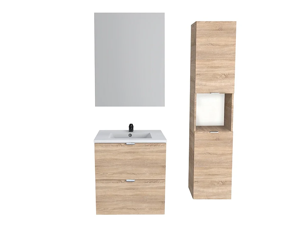 Meuble sous vasque MALAGA 60 cm + vasque + miroir + colonne / Décor Chêne blanchi