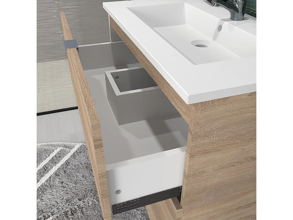 Meuble sous vasque MALAGA 60 cm + vasque + miroir + colonne / Décor Chêne blanchi