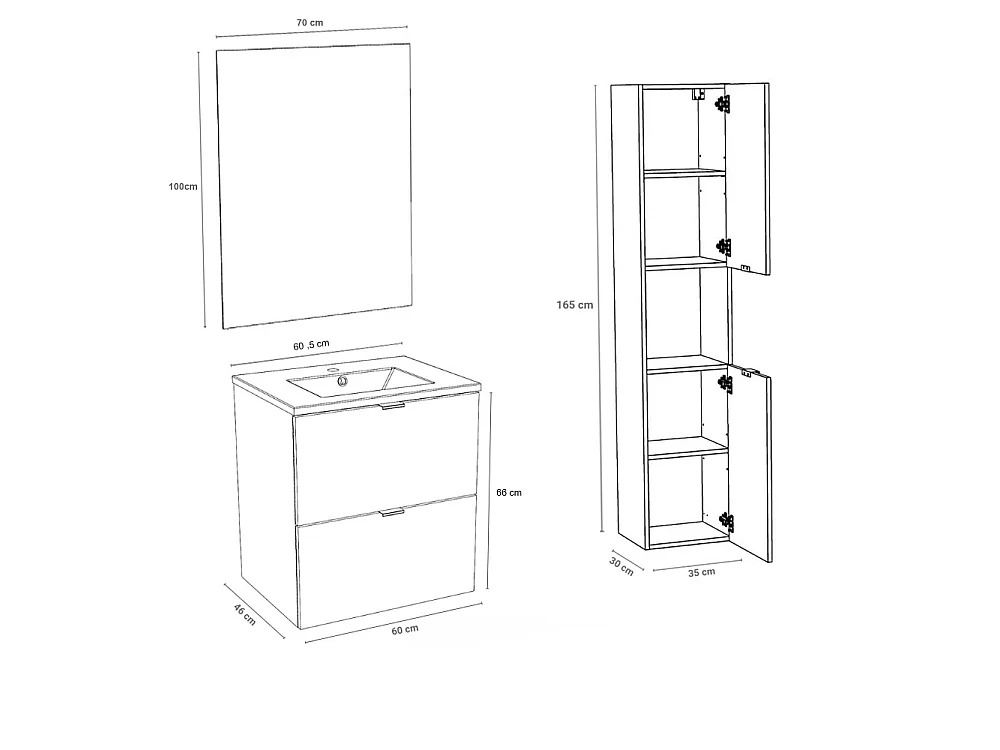 Meuble sous vasque MALAGA 60 cm + vasque + miroir + colonne / Décor Chêne blanchi