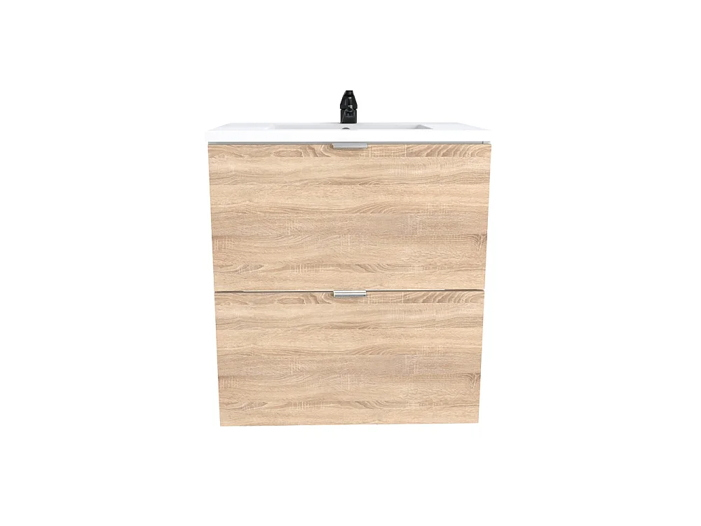 Meuble sous vasque MALAGA 60 cm + vasque + miroir + colonne / Décor Chêne blanchi