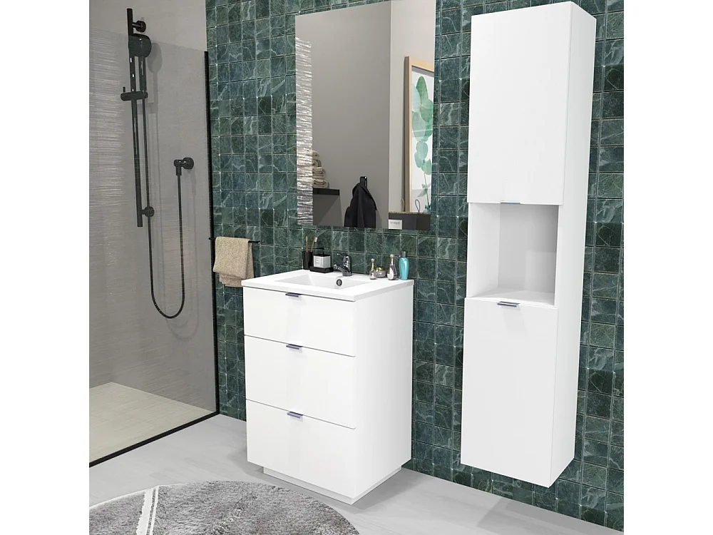 Meuble sous vasque MARBELLA 60 cm + vasque + miroir + colonne / Blanc
