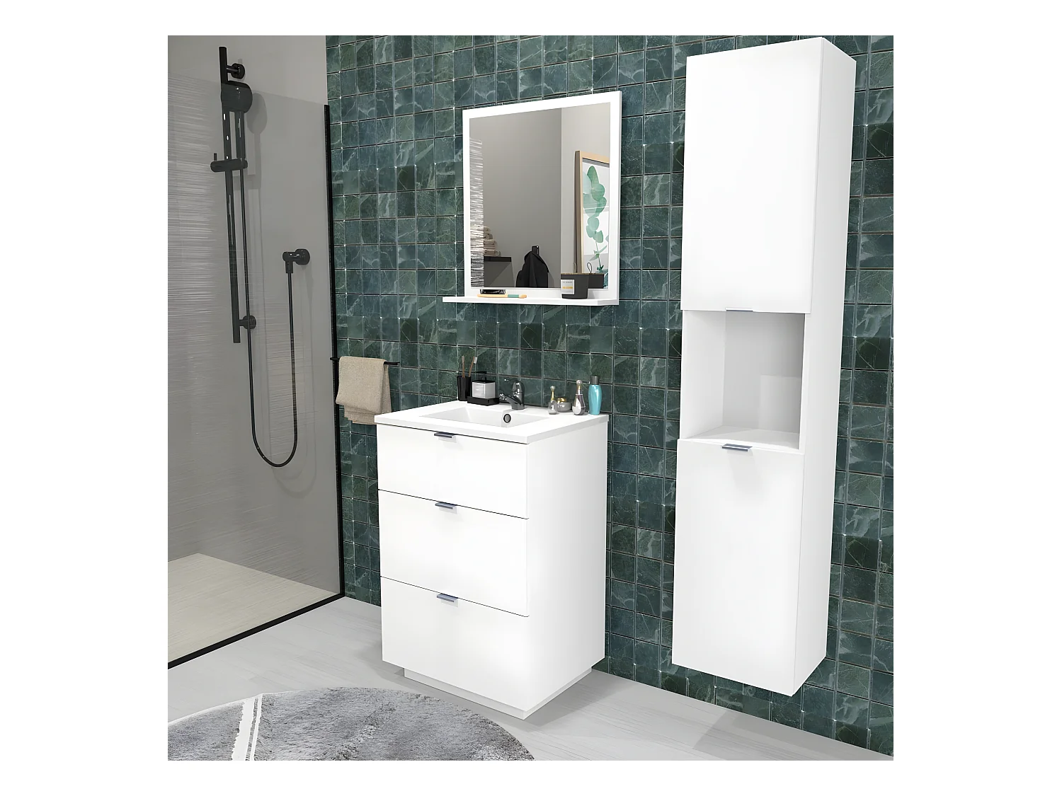 Meuble sous vasque MARBELLA 60 cm + vasque + miroir + colonne / Blanc