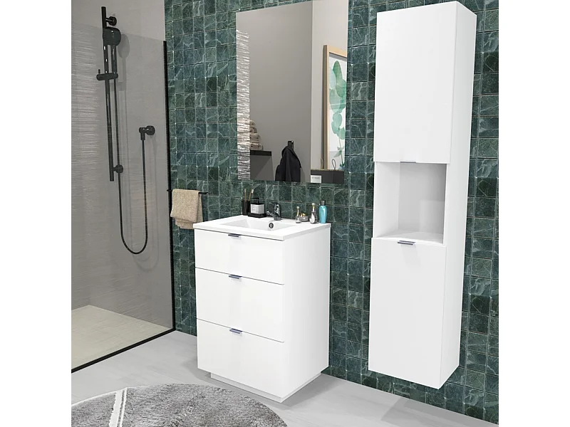 Meuble sous vasque MARBELLA 60 cm + vasque + miroir + colonne / Blanc