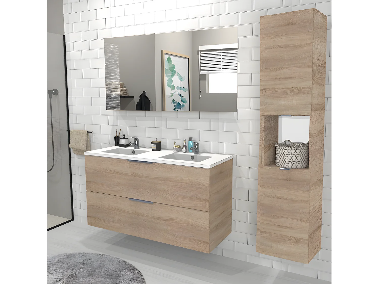 Meuble sous-vasque MALAGA 120 cm + vasque + miroir + colonne / Décor Chêne blanchi