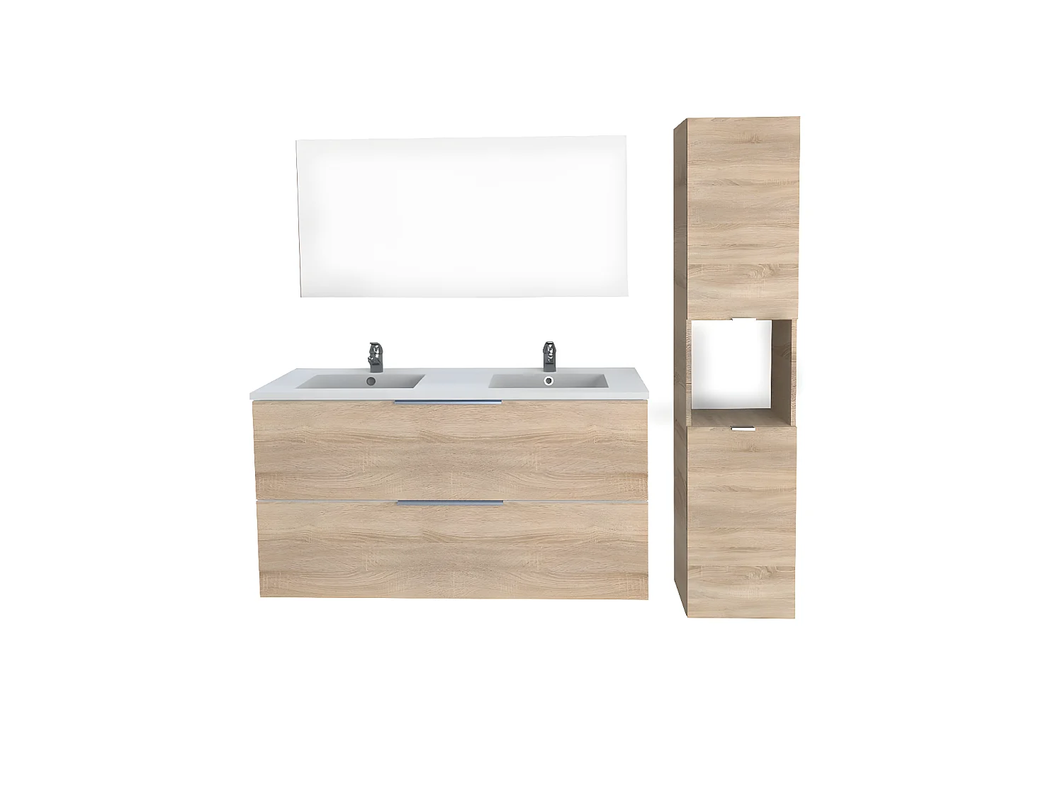 Meuble sous-vasque MALAGA 120 cm + vasque + miroir + colonne / Décor Chêne blanchi