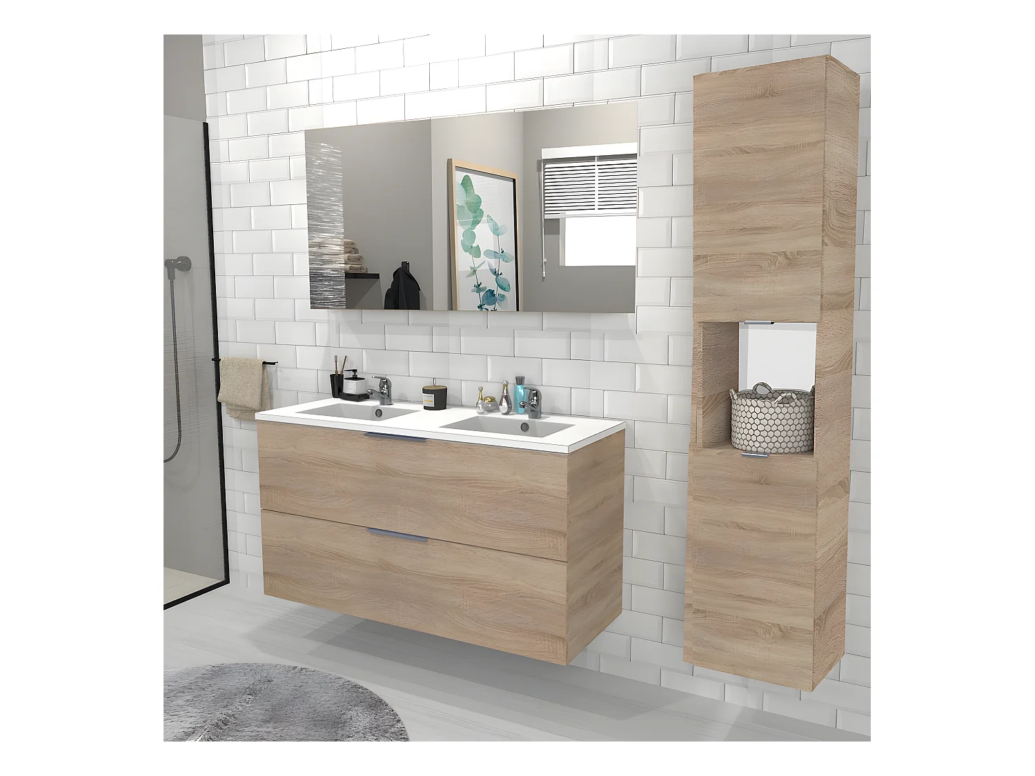 Meuble sous-vasque MALAGA 120 cm + vasque + miroir + colonne / Décor Chêne blanchi