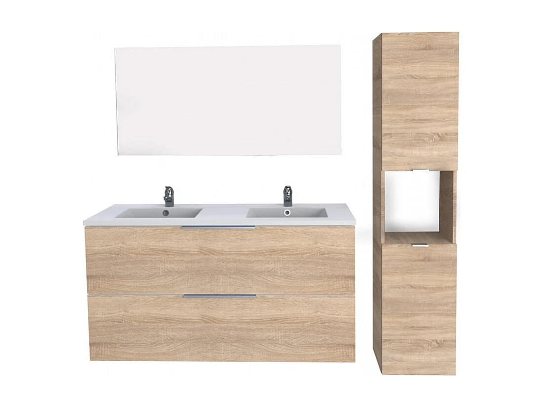 Meuble sous-vasque MALAGA 120 cm + vasque + miroir + colonne / Décor Chêne blanchi