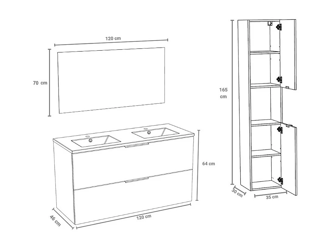 Meuble sous-vasque MALAGA 120 cm + vasque + miroir + colonne / Décor Chêne blanchi