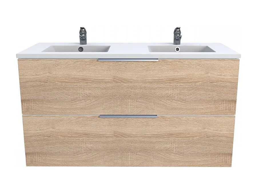 Meuble sous-vasque MALAGA 120 cm + vasque + miroir + colonne / Décor Chêne blanchi