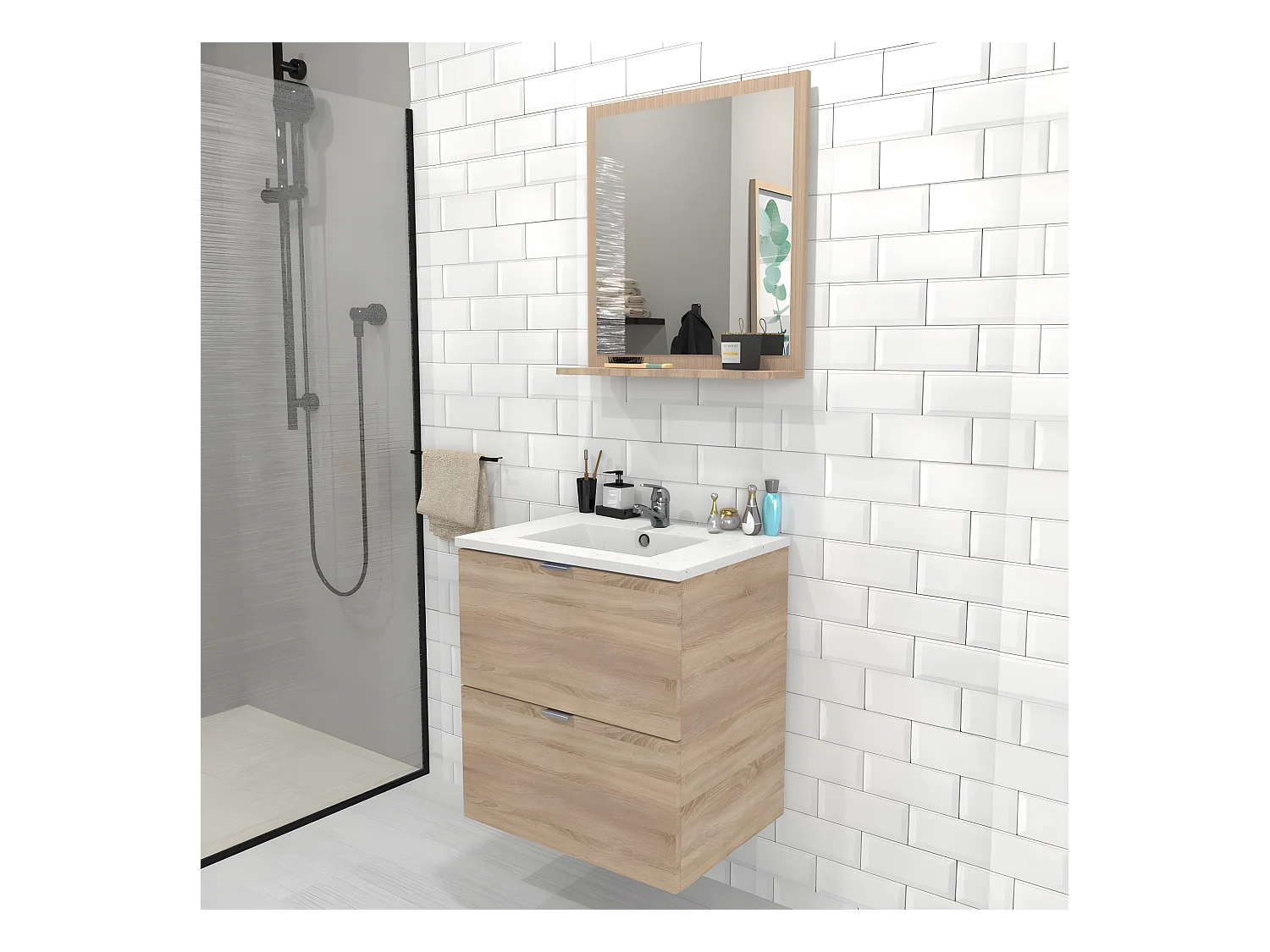Meuble sous-vasque 2 tiroirs MALAGA  60 cm + vasque / Décor Chêne blanchi