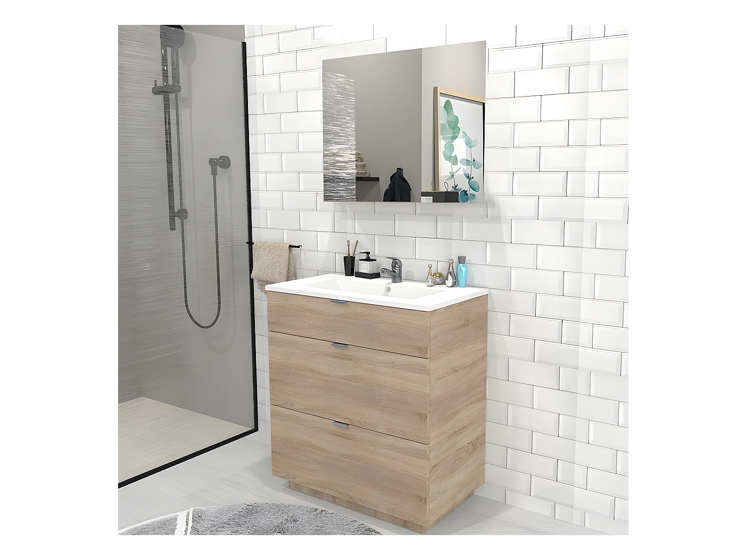 Meuble sous-vasque 3 tiroirs MARBELLA 80 cm + vasque / Décor Chêne blanchi