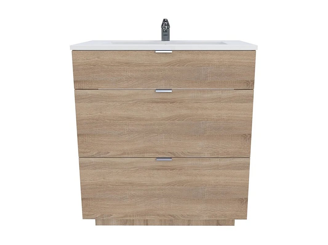 Meuble sous-vasque 3 tiroirs MARBELLA 80 cm + vasque / Décor Chêne blanchi