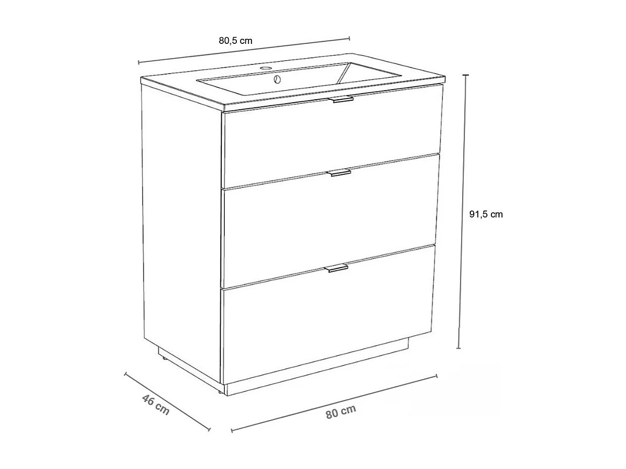 Meuble sous-vasque 3 tiroirs MARBELLA 80 cm + vasque / Décor Chêne blanchi