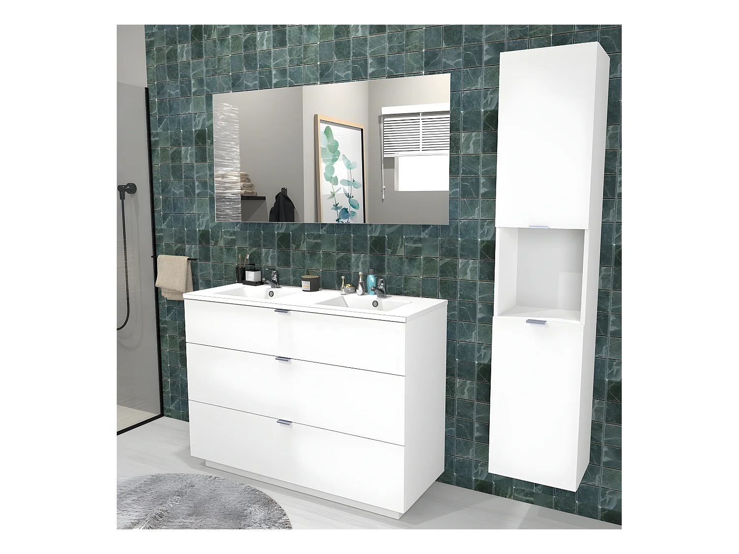Meuble sous-vasque MARBELLA 120 cm + vasque + miroir + colonne / Blanc