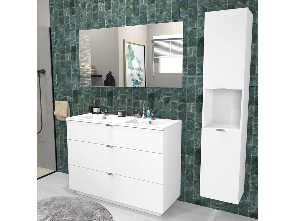 Meuble sous-vasque MARBELLA 120 cm + vasque + miroir + colonne / Blanc