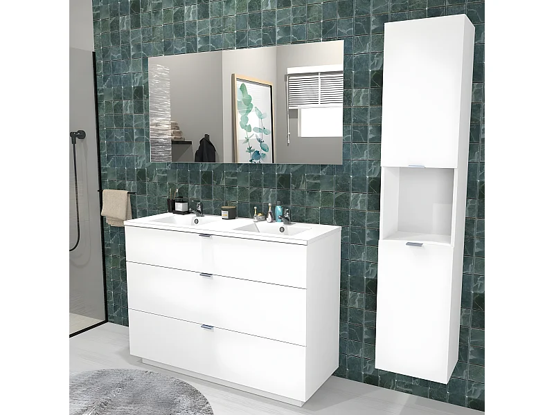 Meuble sous-vasque MARBELLA 120 cm + vasque + miroir + colonne / Blanc
