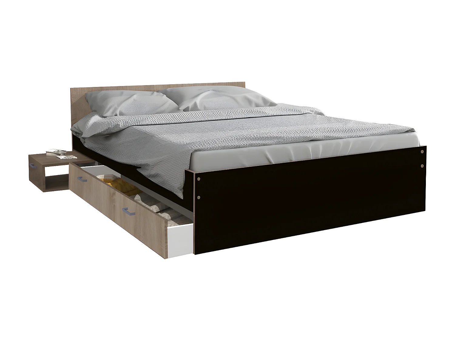 Lit TWIST 140x190+  1 chevet + 1 tiroir / Décor Noir et chêne blanchi