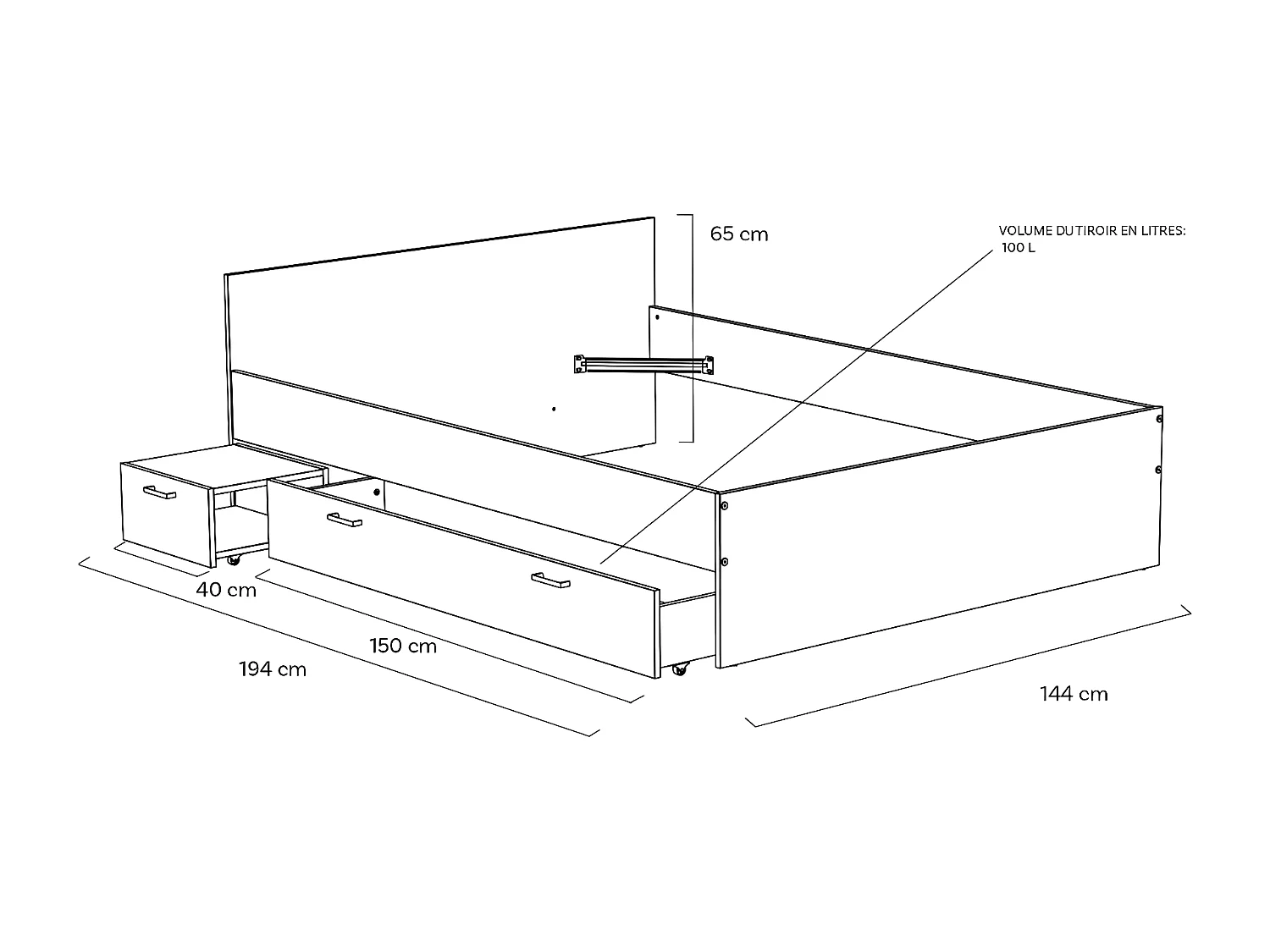 Lit TWIST 140x190+  1 chevet + 1 tiroir / Décor Noir et chêne blanchi
