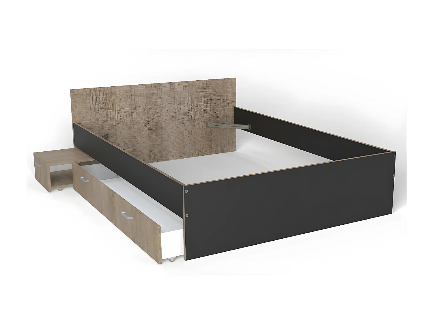 Lit TWIST 140x190+  1 chevet + 1 tiroir / Décor Noir et chêne blanchi