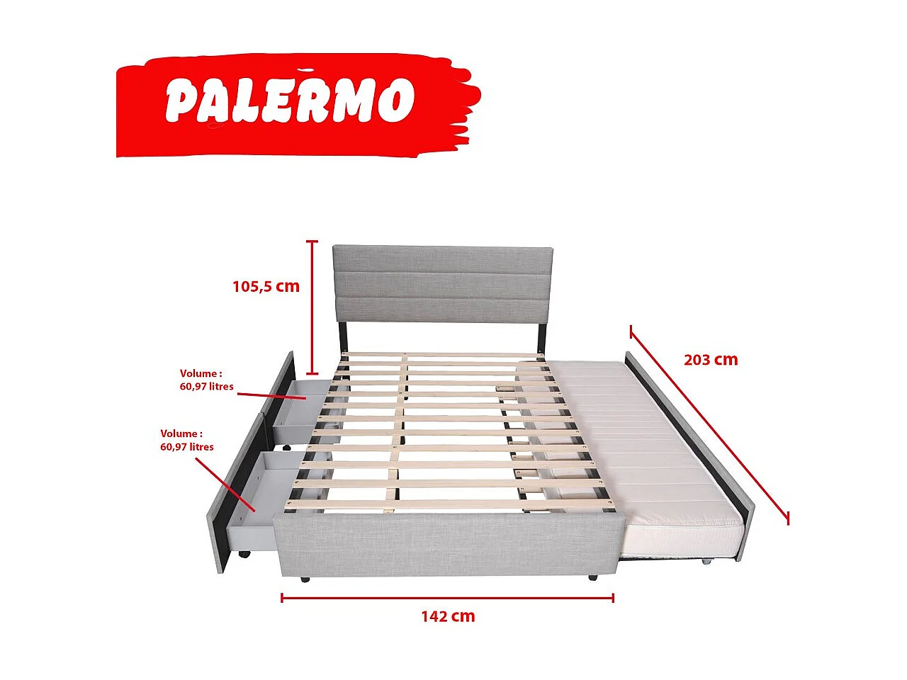 Lit PALERMO 140x200 +1 sommier+2 tiroirs+1 tiroir lit 90x190 / Gris clair