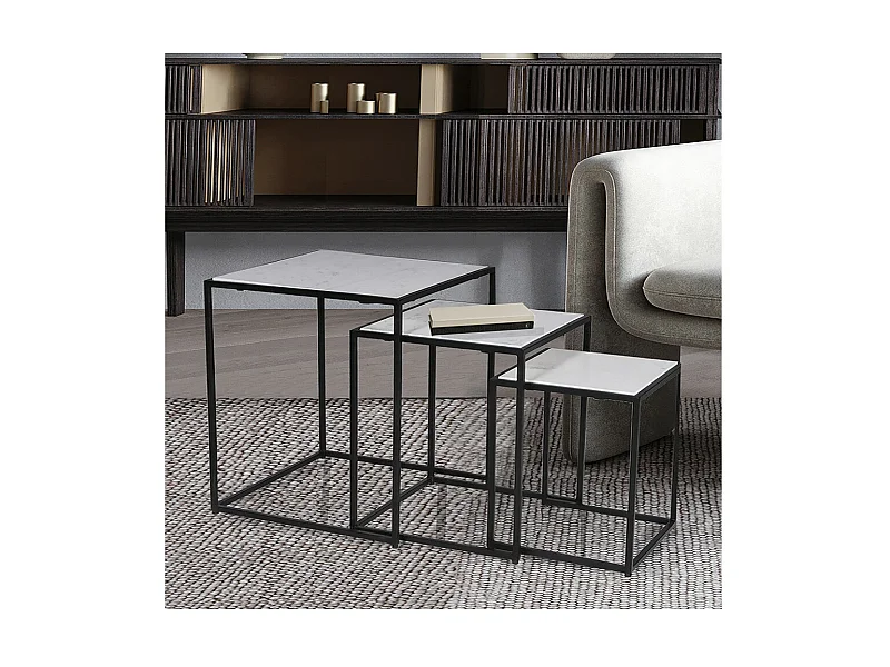 Lot de 3 tables basses Marbre PAROS / Piètement noir