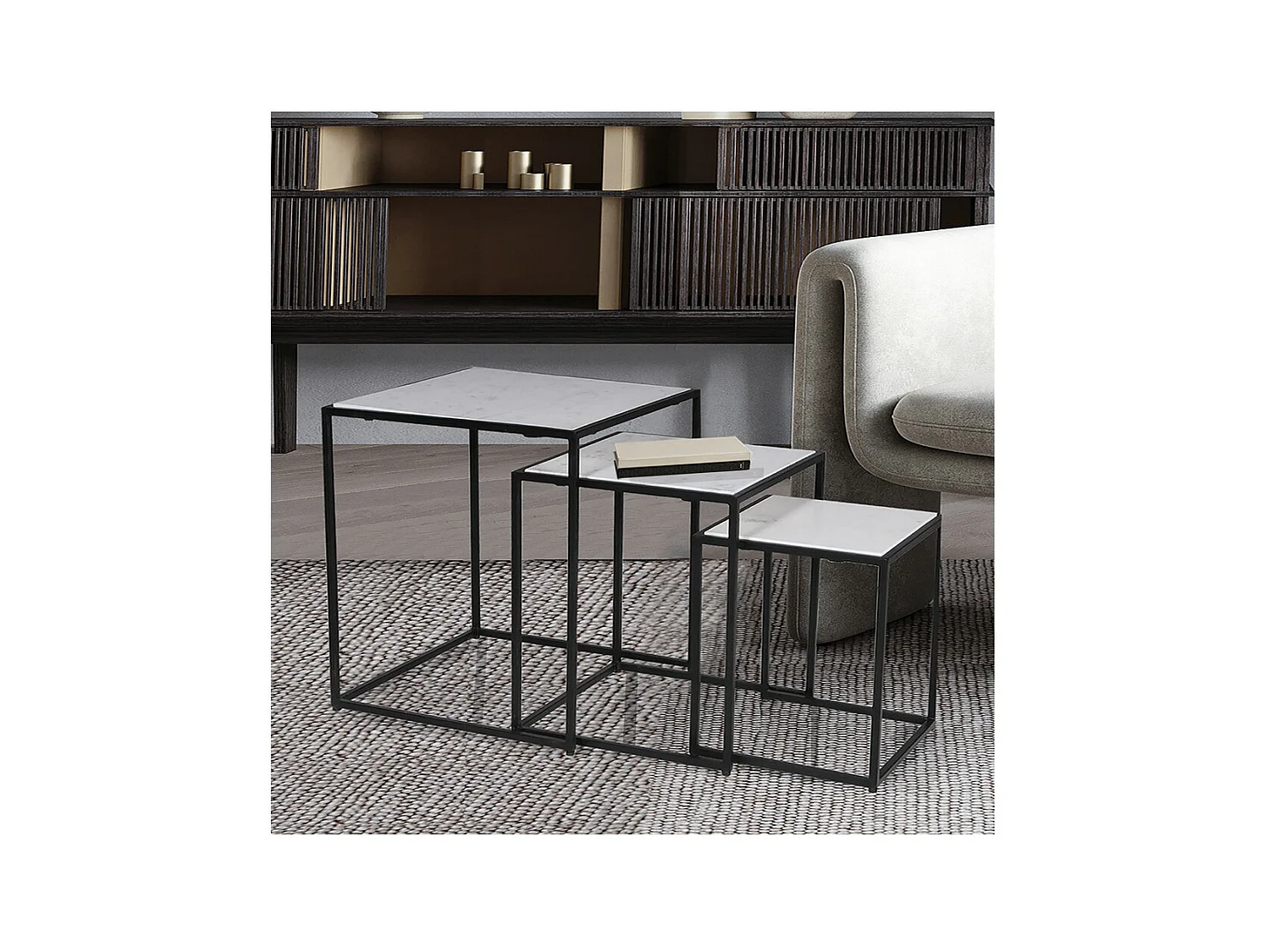 Lot de 3 tables basses Marbre PAROS / Piètement noir