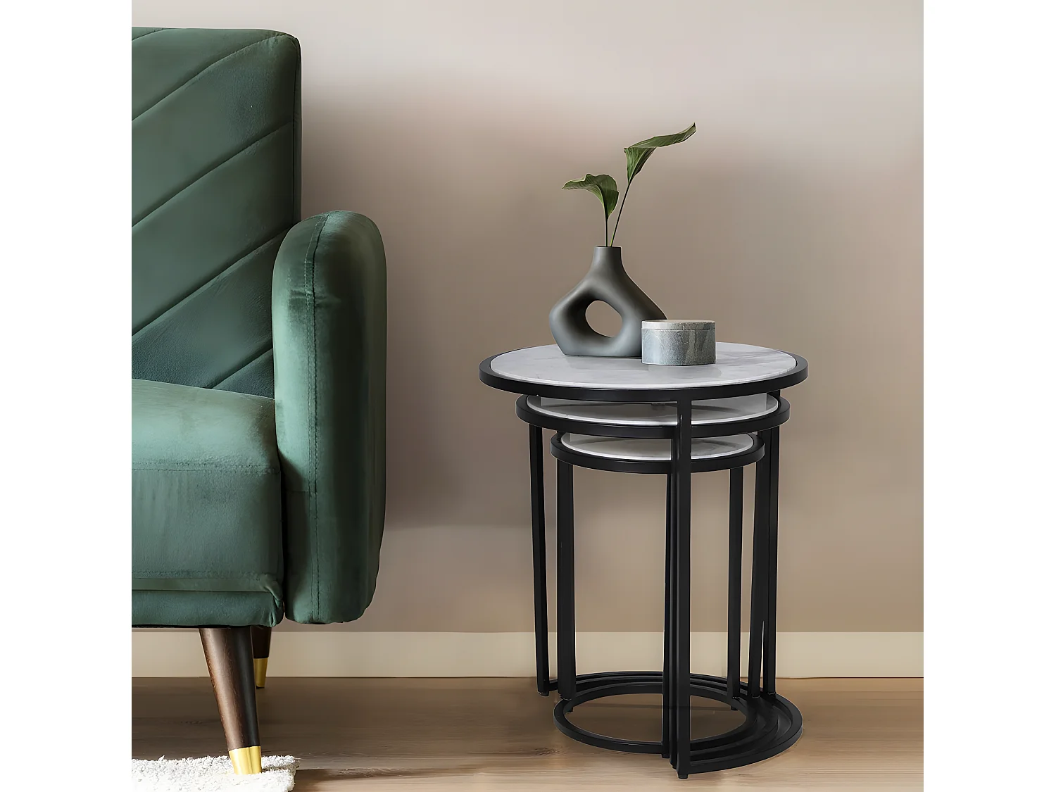 Lot de 3 tables basses Marbre PAROS / Piètement noir