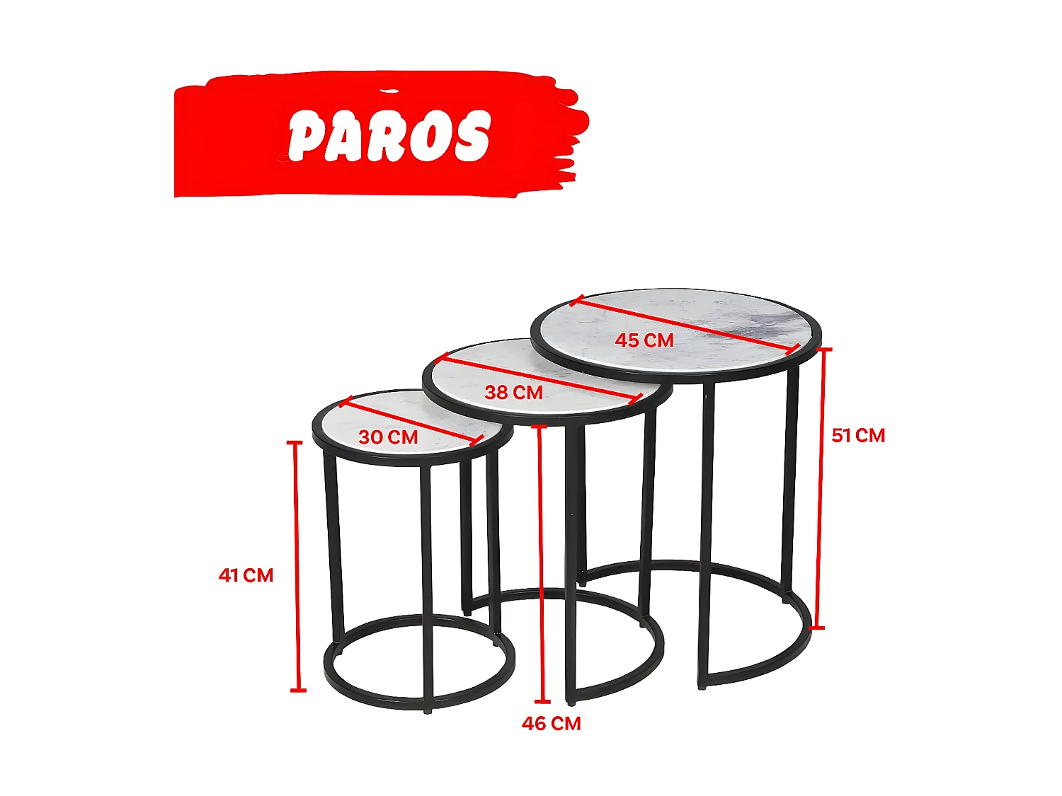 Lot de 3 tables basses Marbre PAROS / Piètement noir