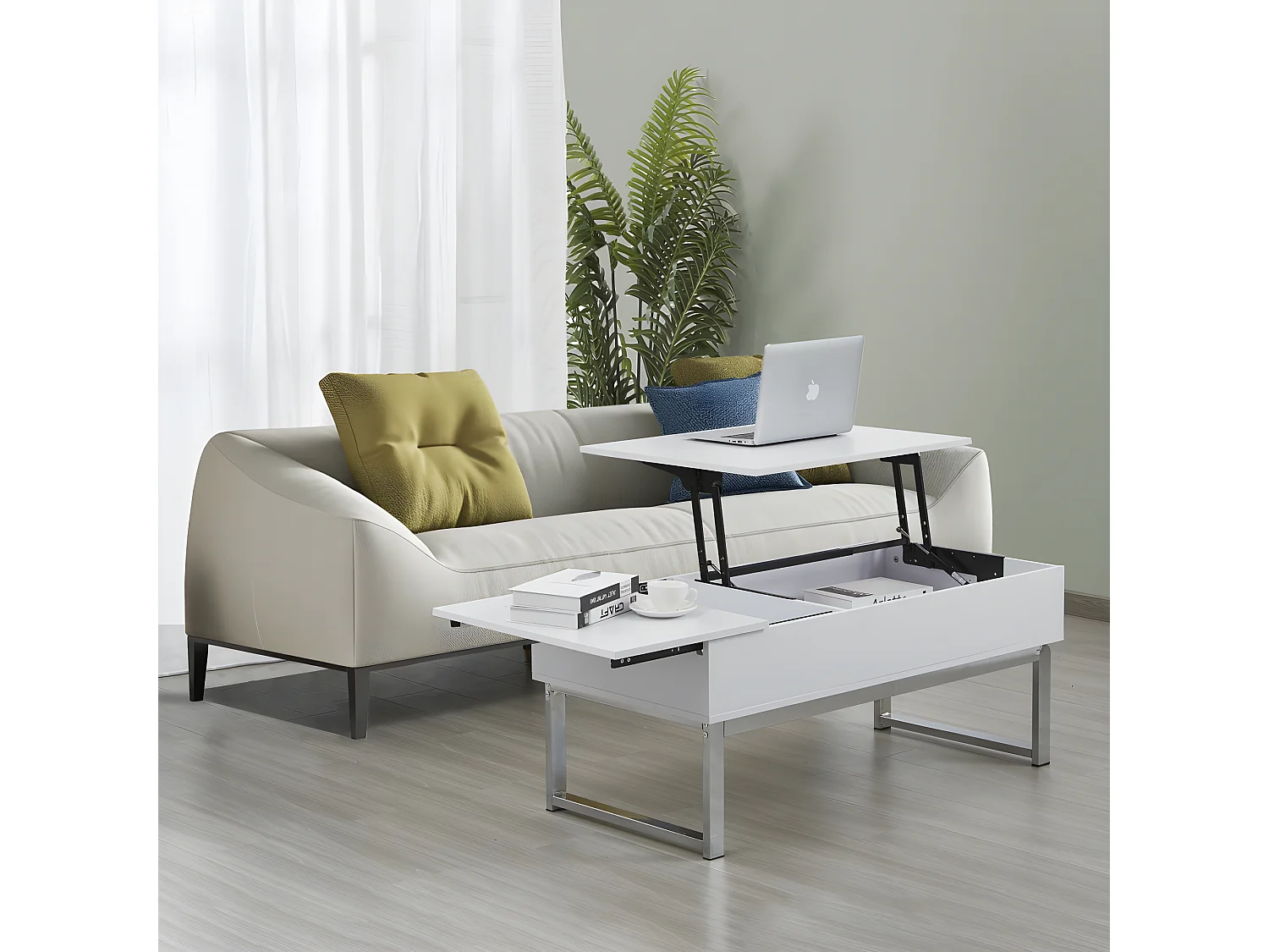 Table basse plateau relevable FLOWER 110x55cm /Blanc et métal chromé